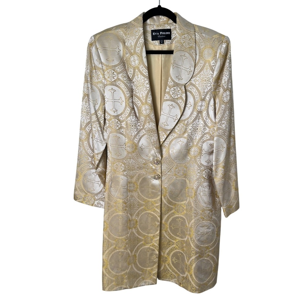 Vintage Eva Polini Couture Gold Brocade Jacquard Longline Blazer Coat Sz 16